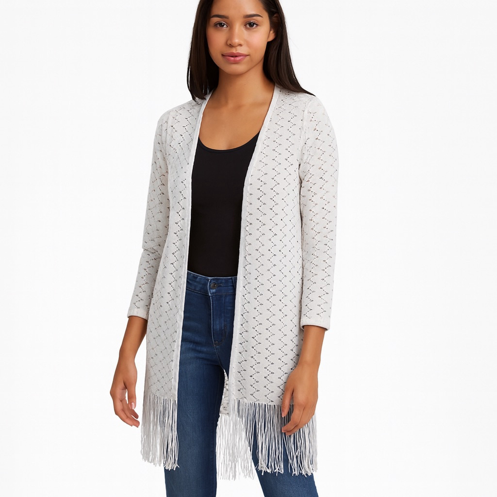 Laura Ashley White Open Knit Fringe Cardigan Sweater M